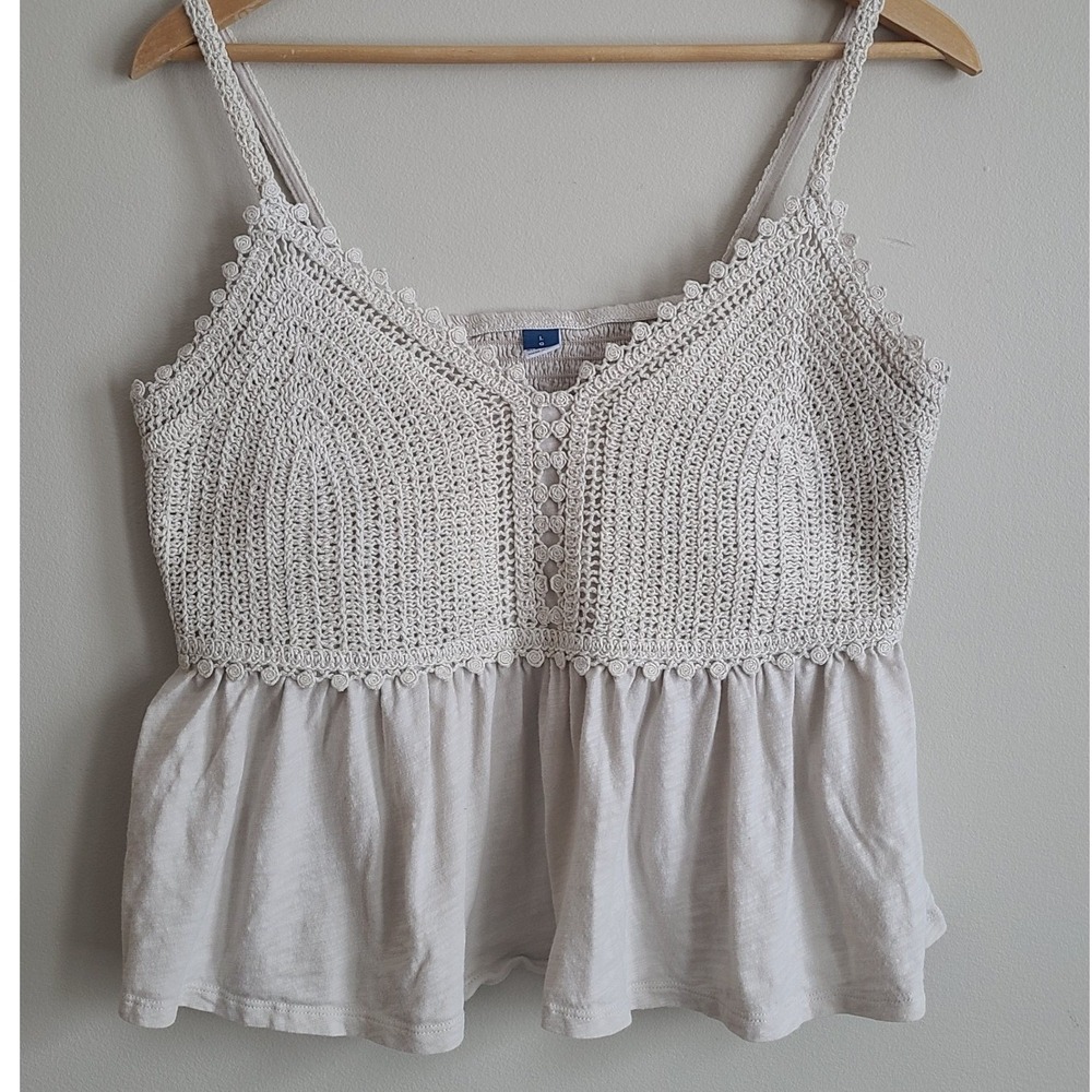 Crochet Lace Peplum Cami Top Cream Boho Sleeveless Smocked Back Large
